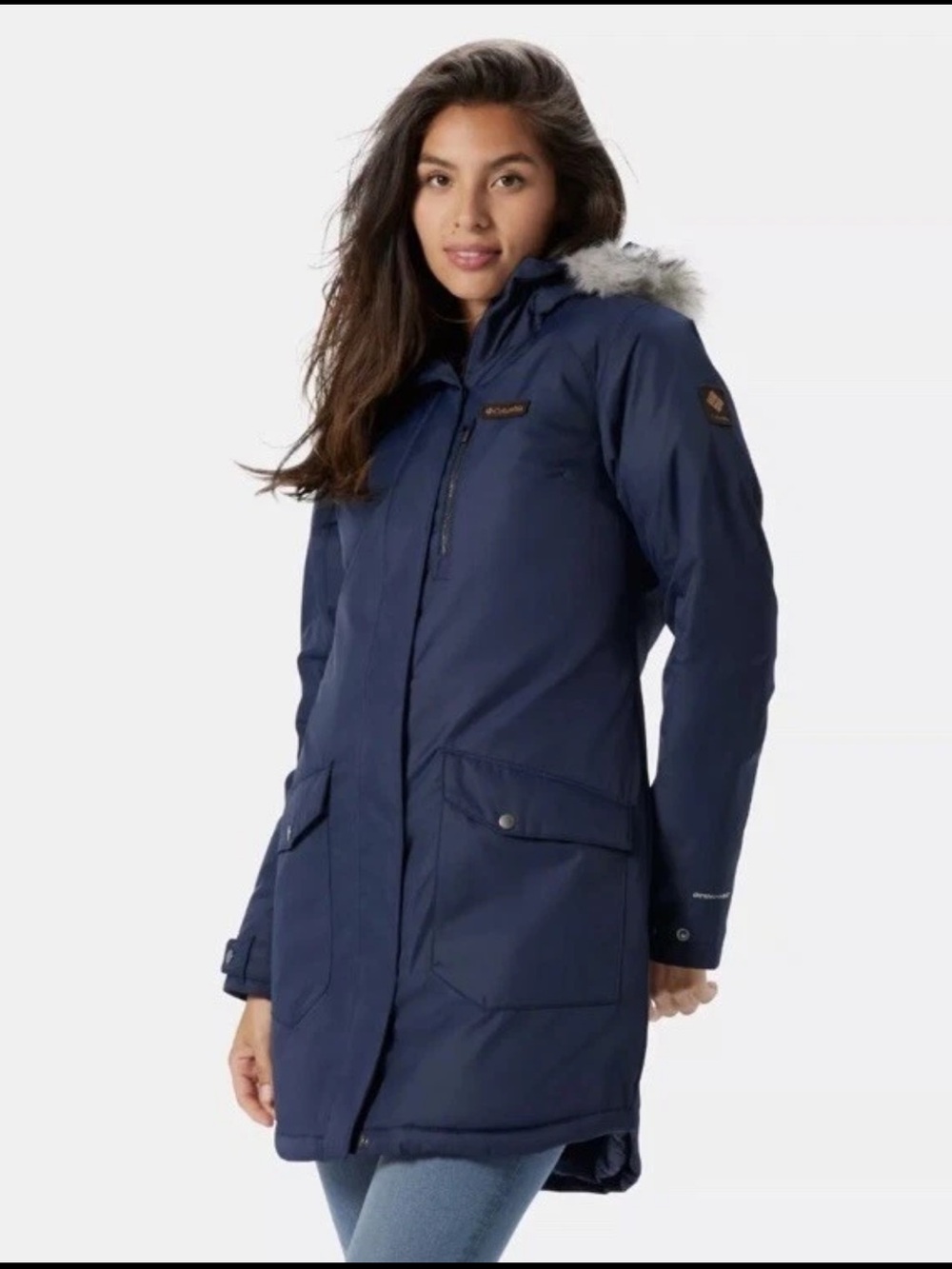 Columbia Navy Hooded Parka with Faux Fur Trim